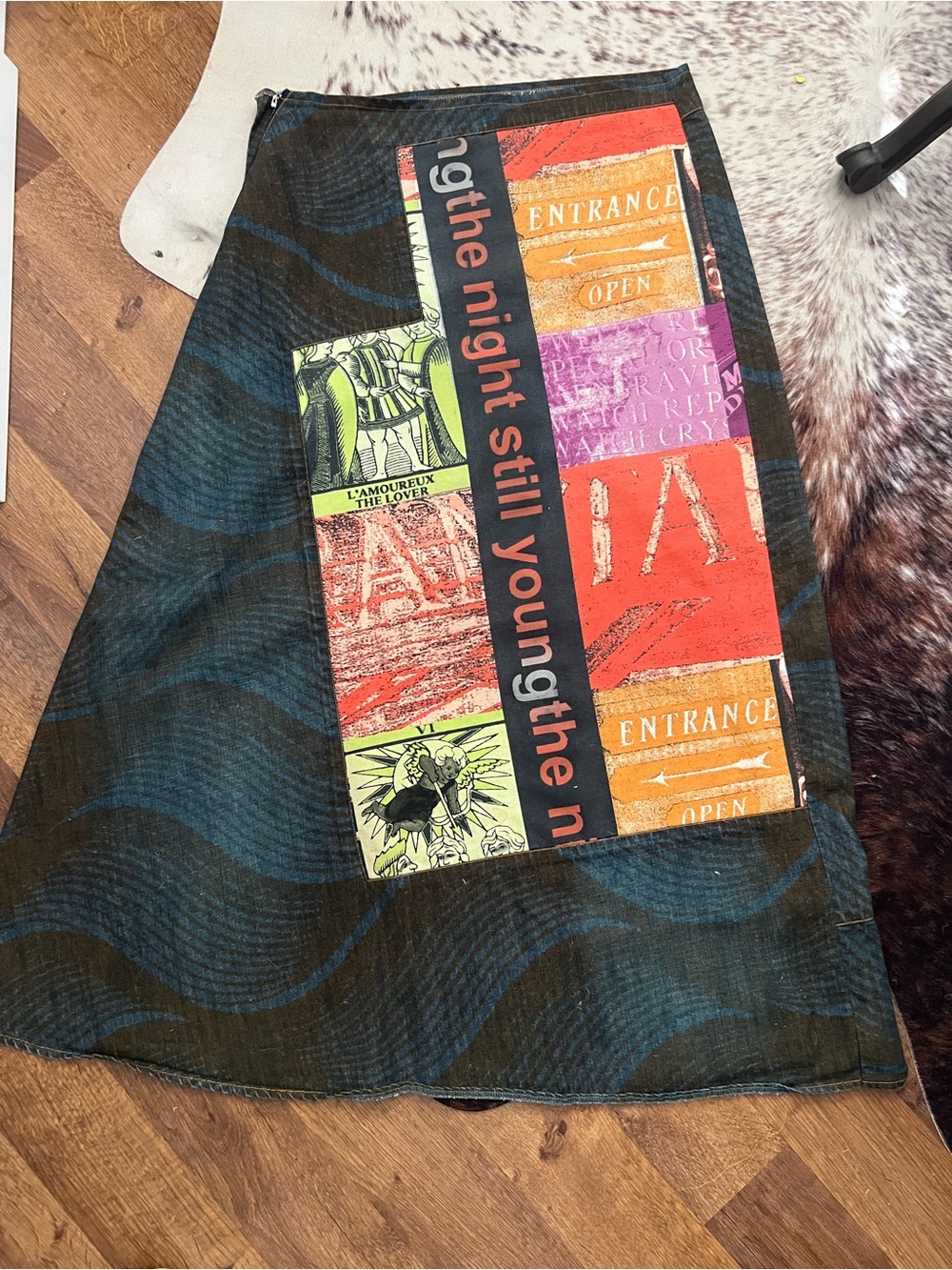 Printed Patchwork A-Line Skirt in Black and Multicolor